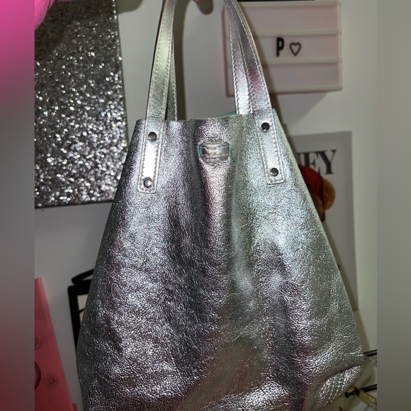 Tiffany & Co Tiffany Silver Metallic Leather Reversible Suede Tote Preowned